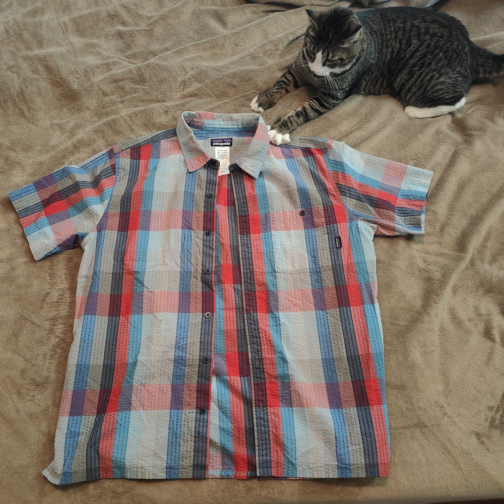 Patagonia Men's Red and Blue Plaid Shirt